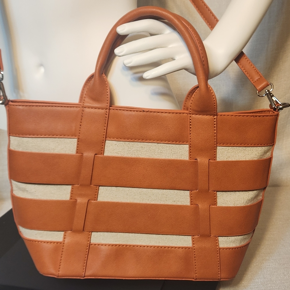 Miztique Orange Faux Leather Canvas Stripe Tote Travel Handbag Purse Crossbody